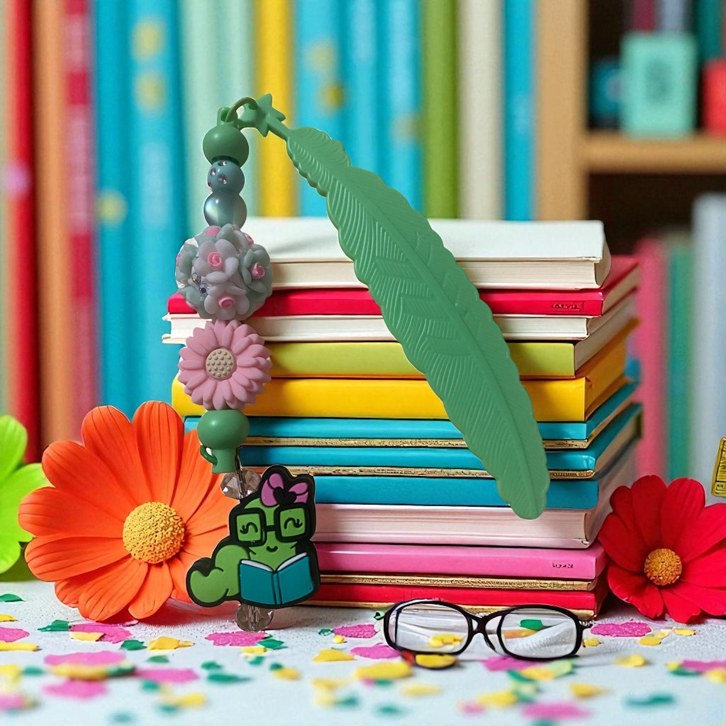 Bookworm bow Charm, Bookmark, Beaded, green, Flower, Book lover, Bookish merch