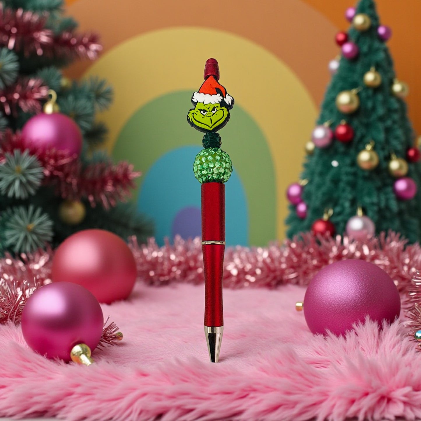 Grinch beaded Pen, Christmas beaded pen, red pen