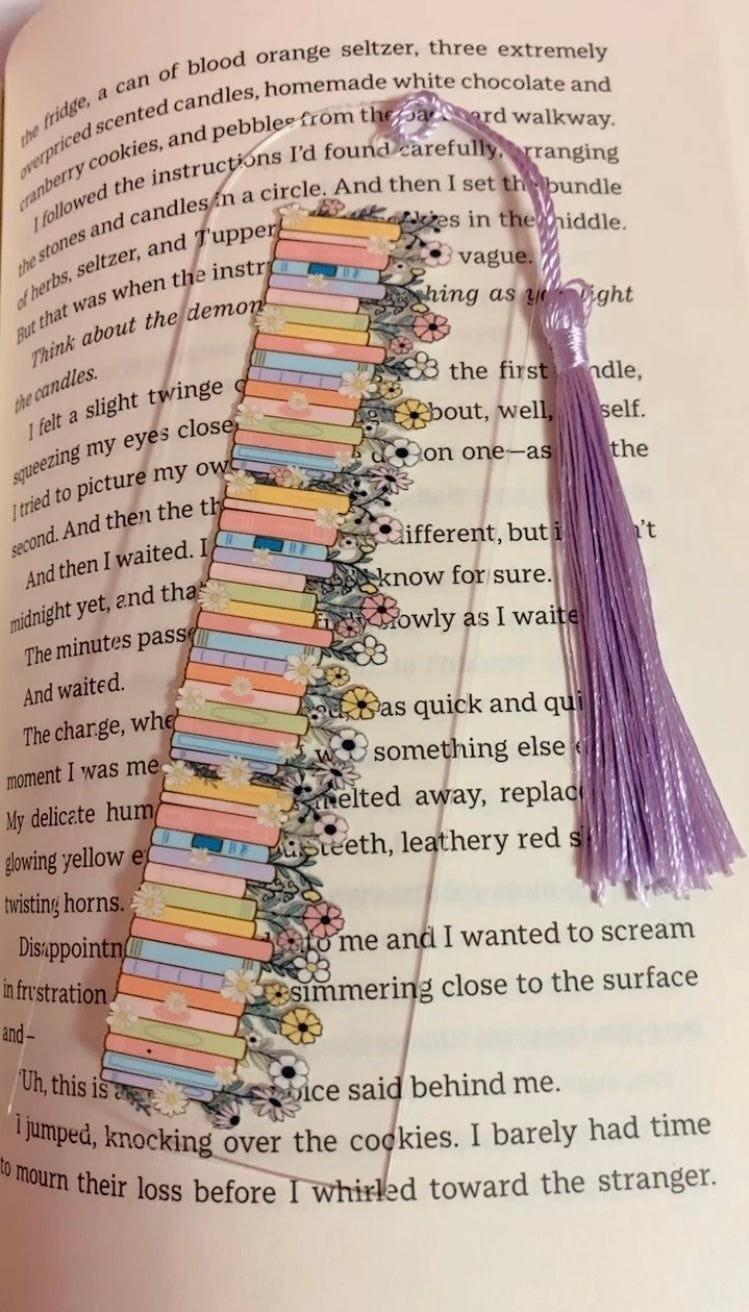 Cute Acrylic bookish themed inspired blue colour bookmark, flowers, romance lovers, Bookish Gift Ideas, pink tassel, I love books, purple Tassel