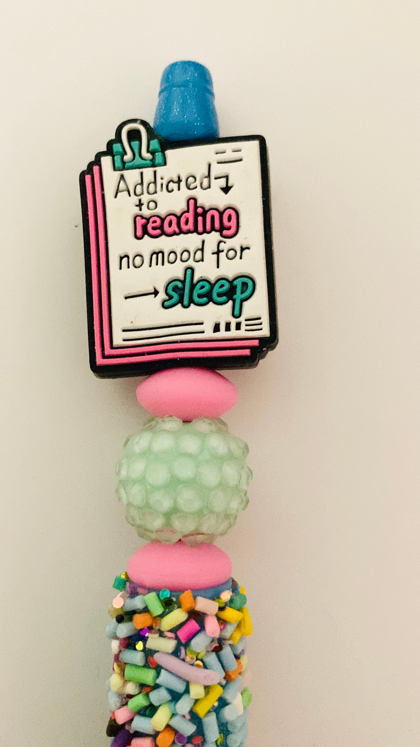 Addicted to reading, no mood for sleep, Bookish beaded Pen, sprinkle, beaded, bookish pen, bookish merch, book lover, blue