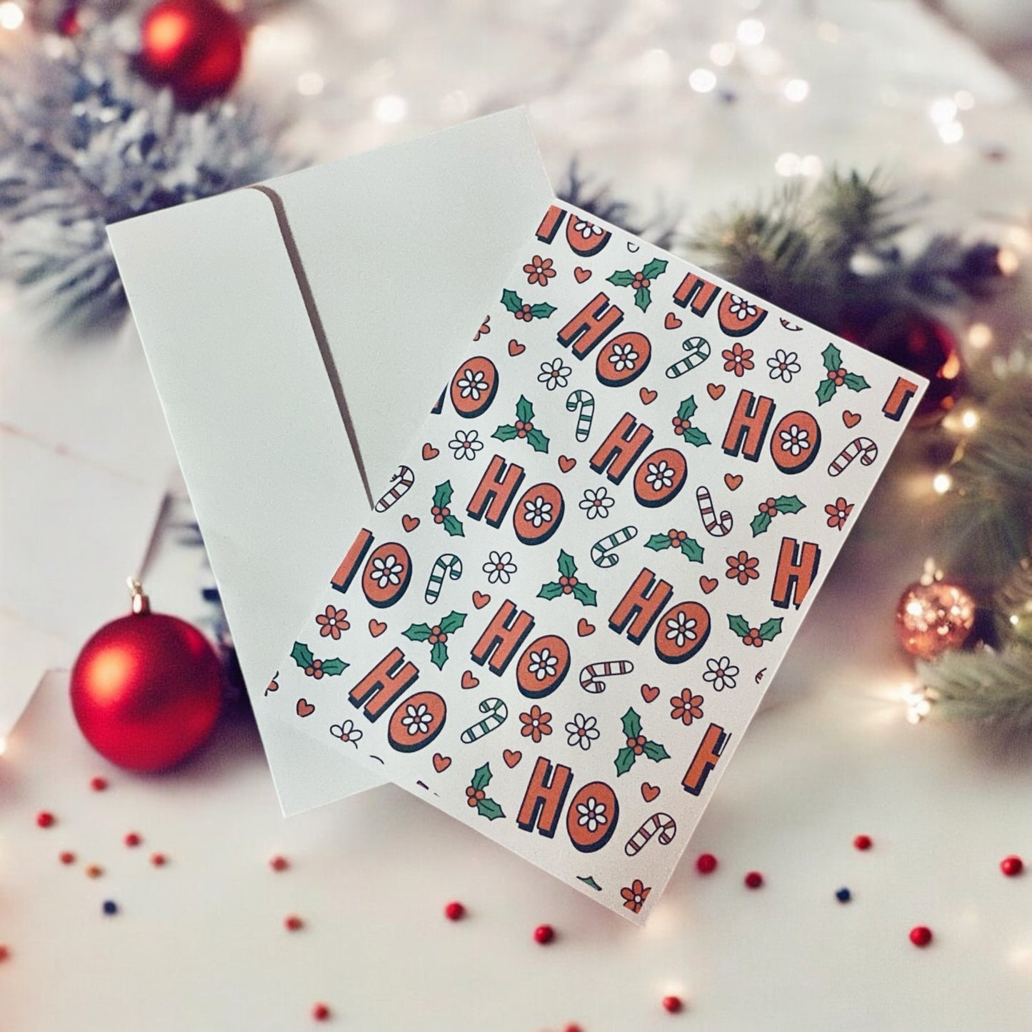 Ho Ho Ho Christmas White card, mistle toe, candy cane, blank greeting card