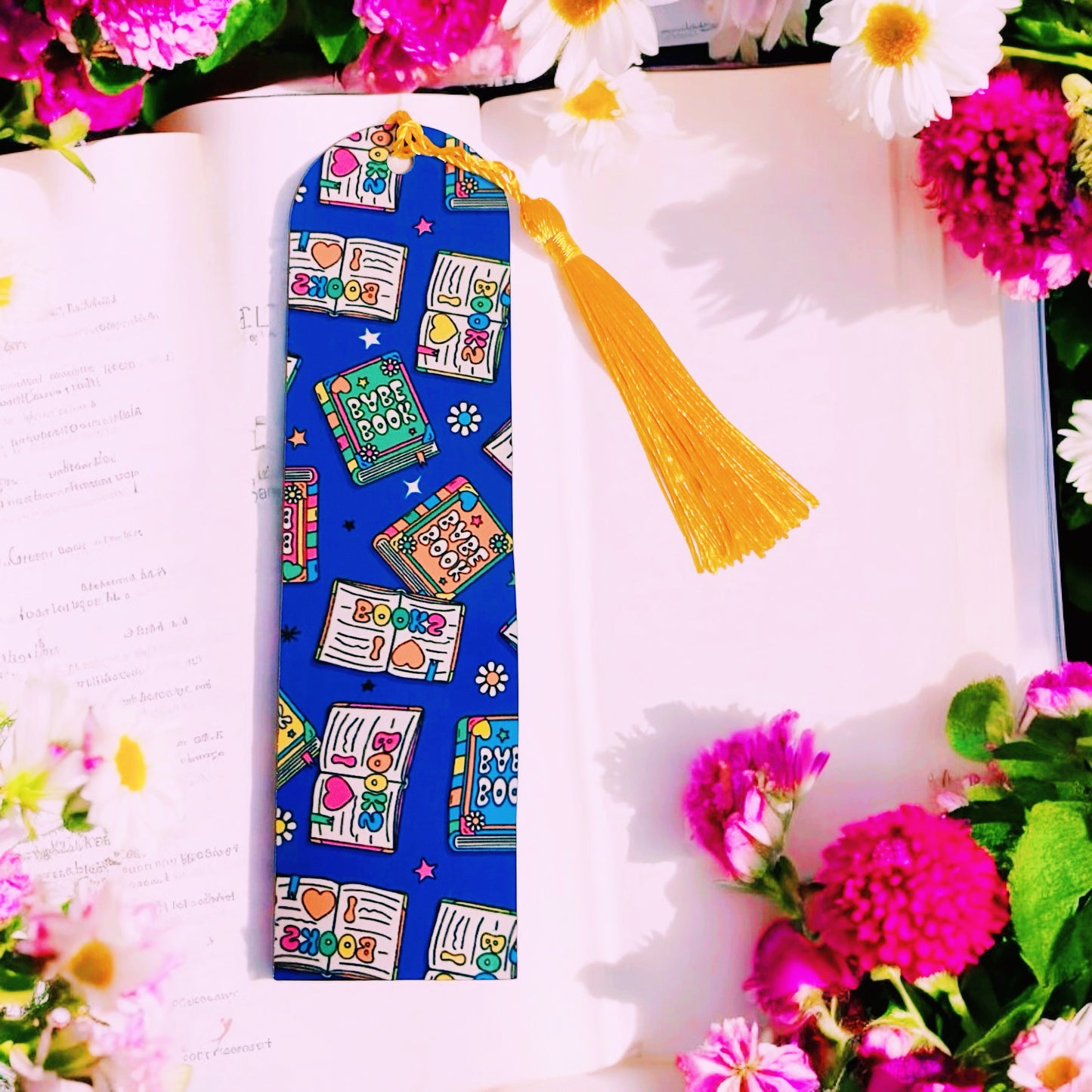 Cute bookish themed inspired blue colour bookmark, flowers, romance lovers, Bookish Gift Ideas, pink tassel, I love books, yellow Tassel