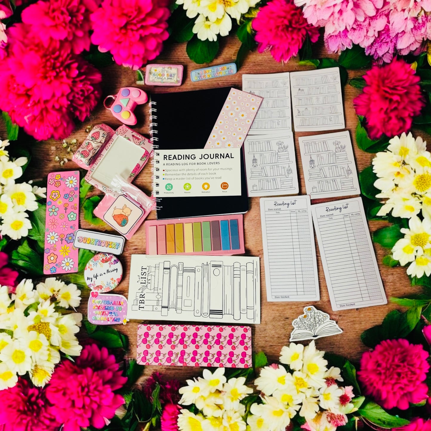 Book Review Bundle kit, bookmarks kit,sticker kit, Romance kit, strawberry, pink, flower, florals,Cherry