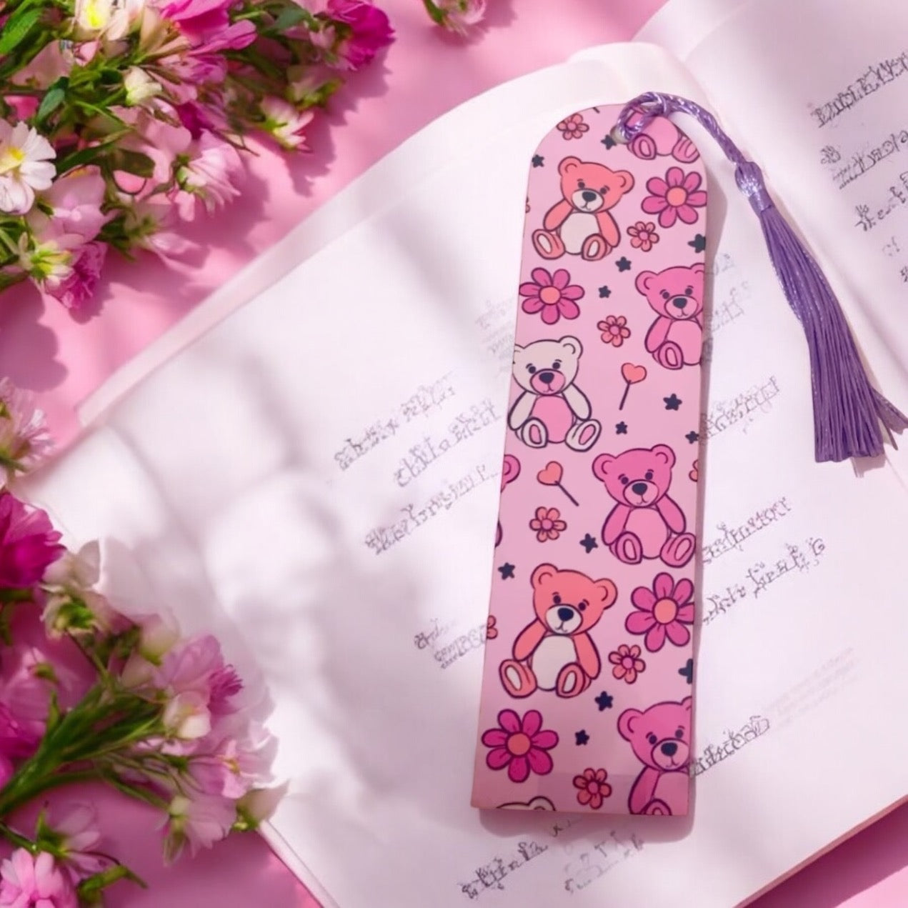 Cute Pink Teddy Bear Bookmark, Romance, Valentines, florals, flower
