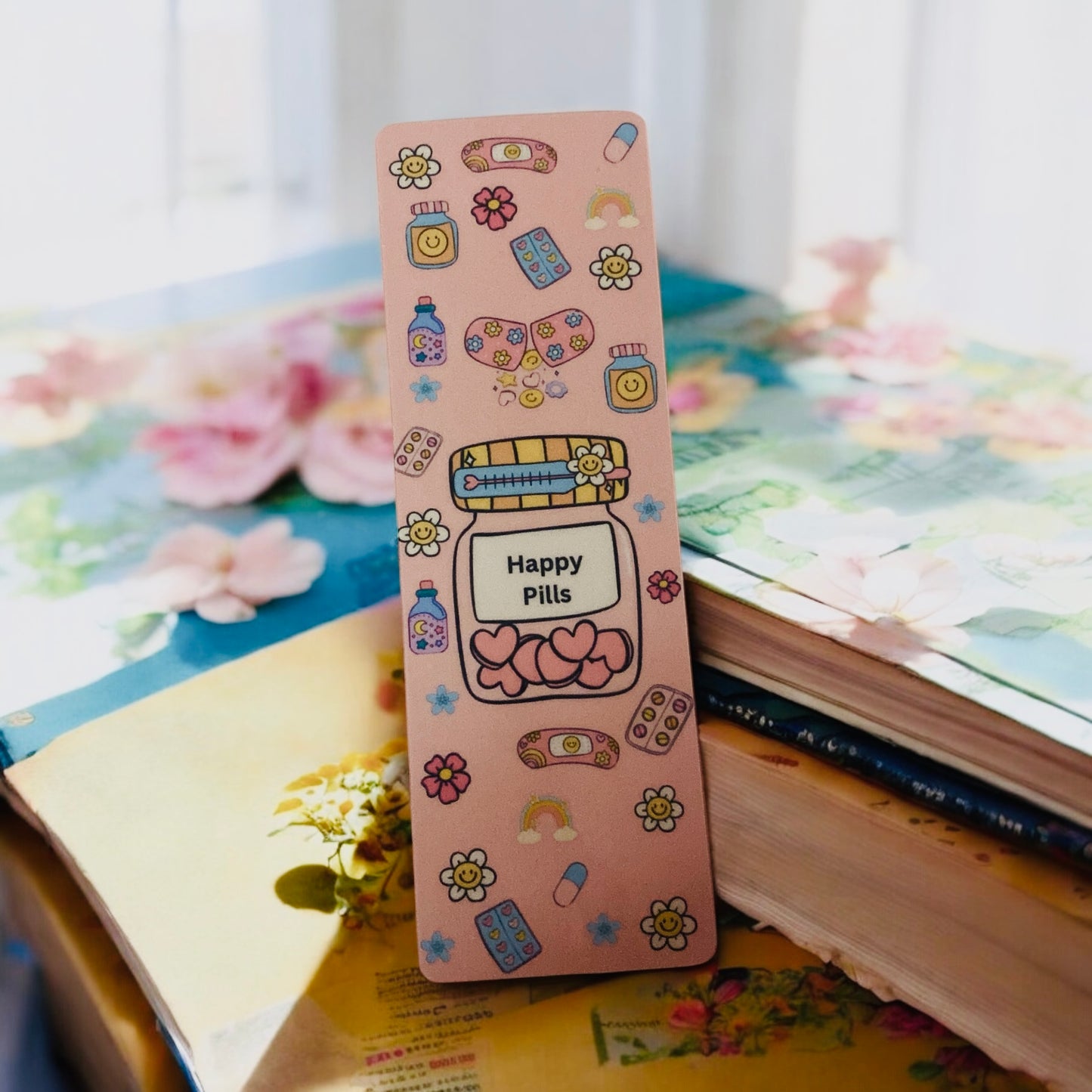 Happy Pills, Retro & psychedelic bookmark, peace, happy place, self care,
