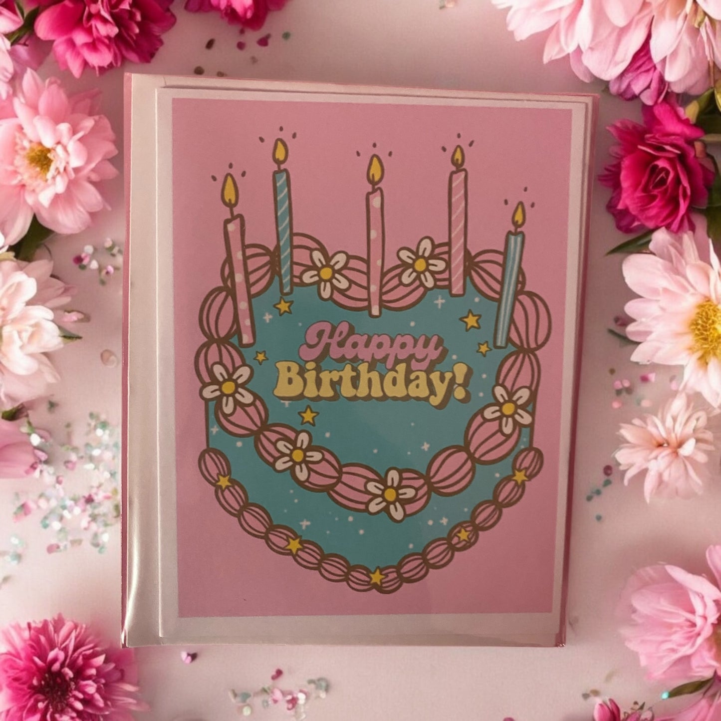 Happy Birthday card, vintage cake, greeting card, retro, prosperity and happiness