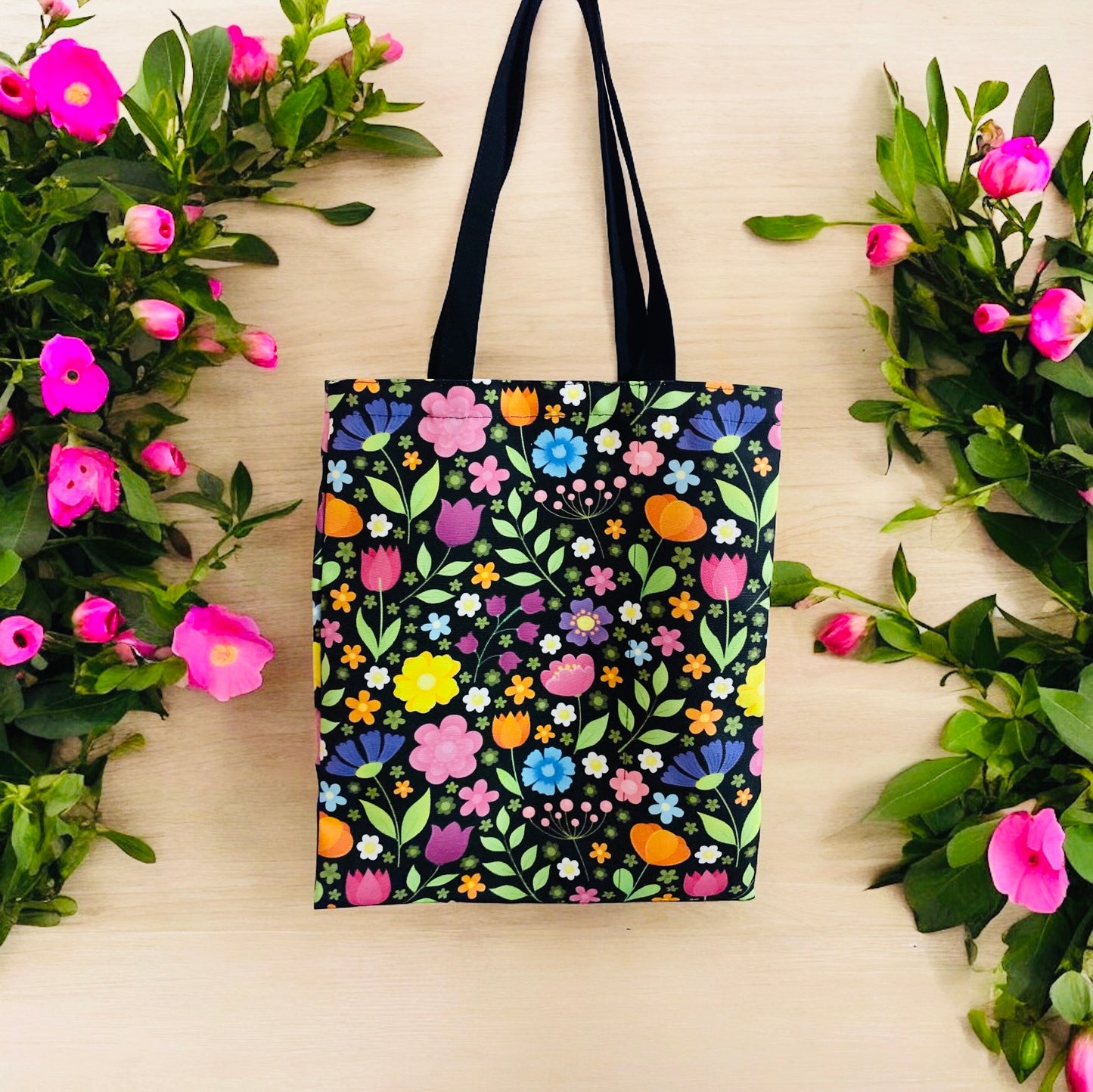 Black rainbow floral flowers print colourful tote, reusable bag, grocery bag, canvas bag, floral bag, tote bag, bookish bag,