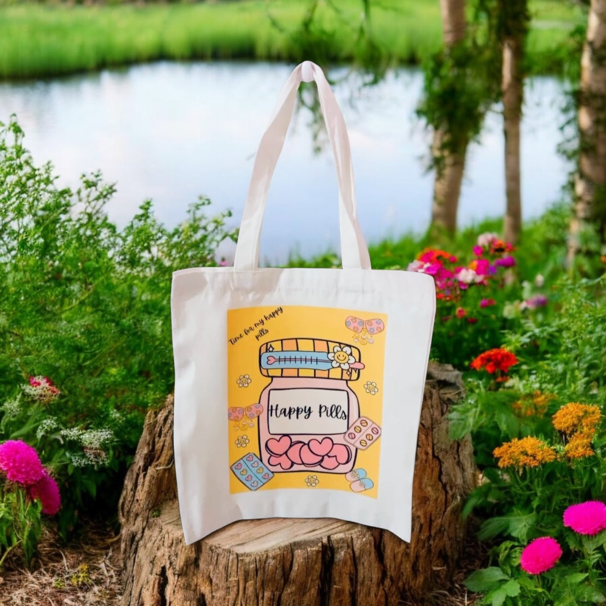 Happy Pill Tote Bag, funny meme, inspirational quote, retro colourful tote, reusable bag, grocery bag, canvas bag, sarcastic tote bag