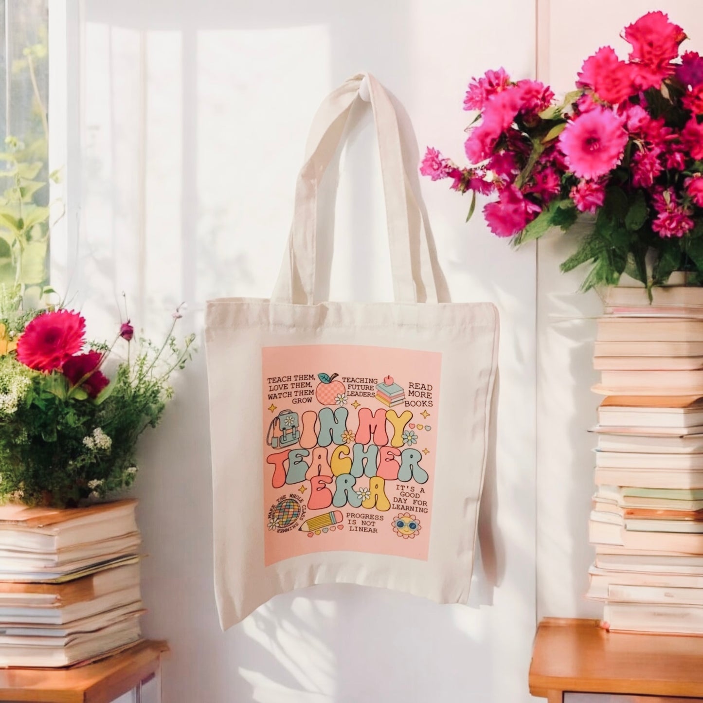 In my teacher era Tote Bag, colourful tote, reusable bag, grocery bag, canvas bag, pink