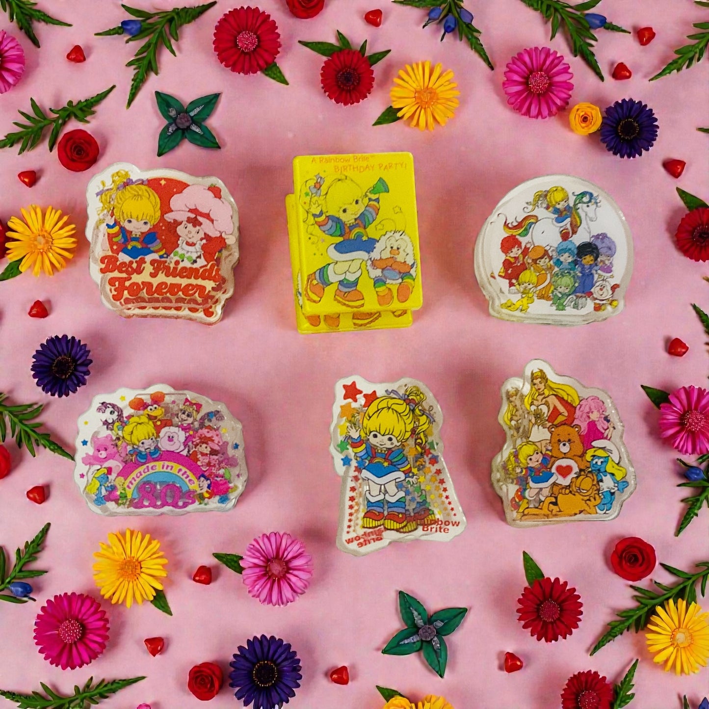 Rainbow Brite, Strawberry Shortcake & Friends Paper Clip Acrylic sets, Reading, junk journaling bookmark, 80s, 90s, vintage era, nostalgia, Made in the 80s