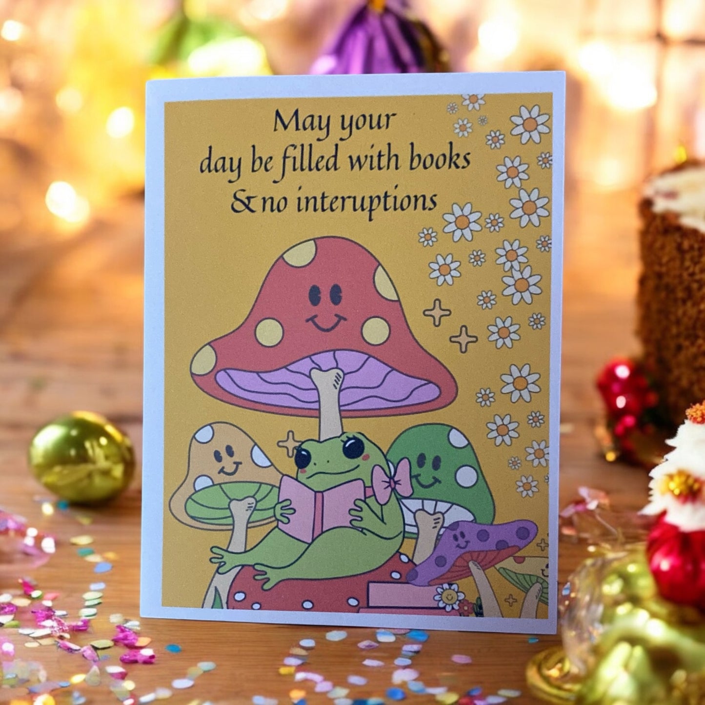 “Happy birthday” bookish card, flower card perfect for valentines, Romance card, card for him, card for her, boy friend card, girl friend card, floral cards, cards for book nerds, frogs and mushrooms