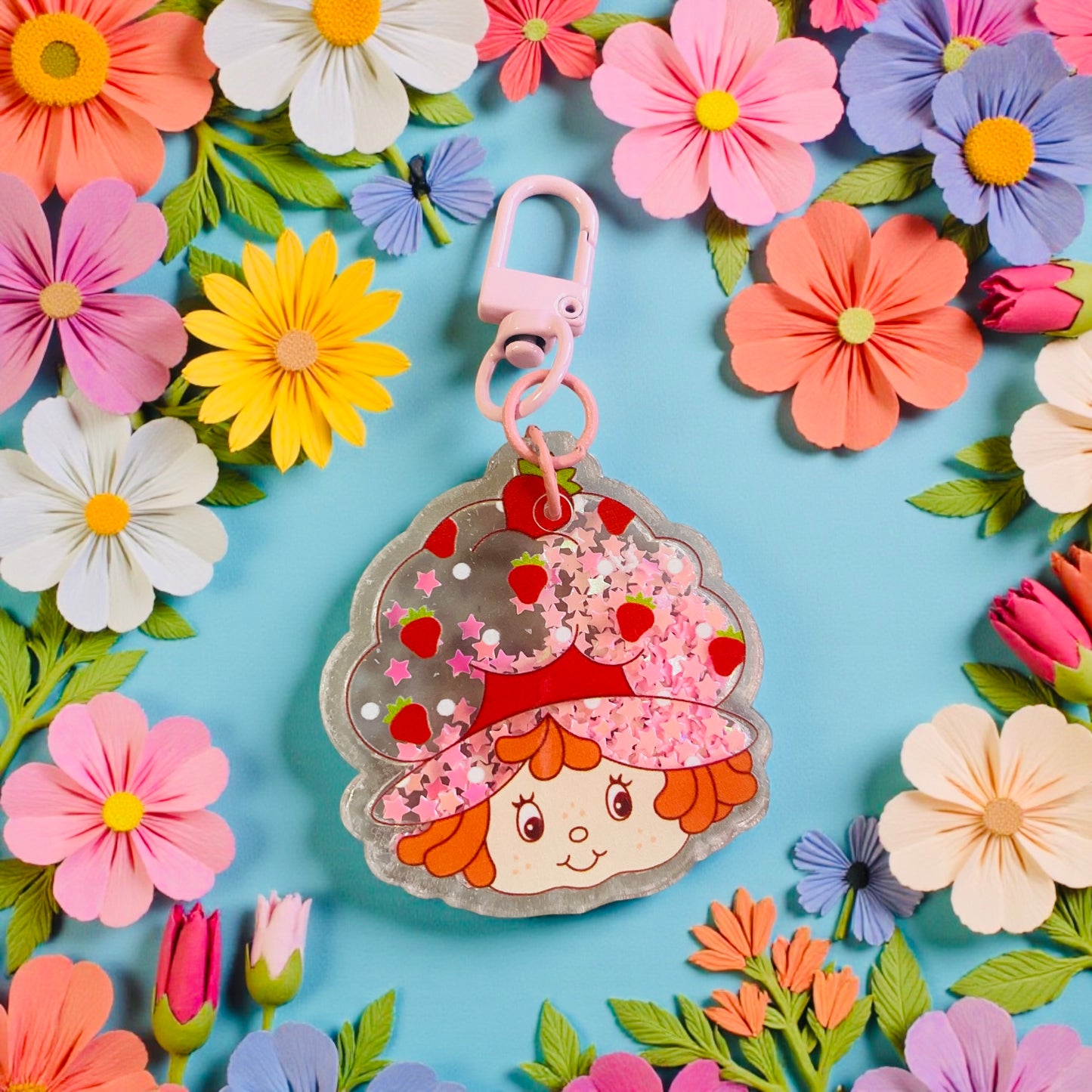 Strawberry character, Shaker charm key chain, bag charm, friends, Reading, junk journaling, keychain, bookmark, 80s, 90s, vintage era, nostalgia, Besties, best friend, pink