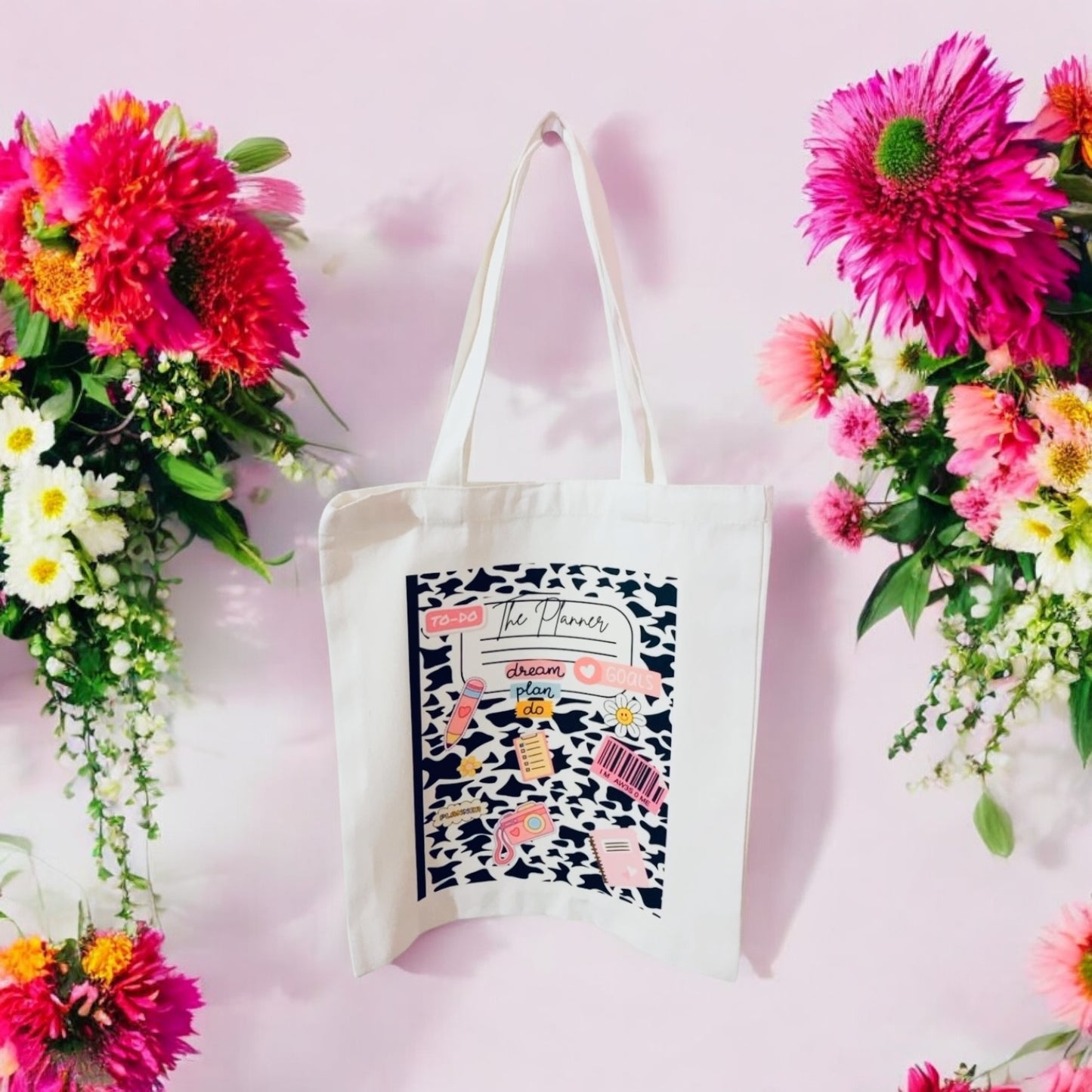 Compostion planner Notebook Tote Bag, colourful tote, reusable bag, grocery bag, canvas bag, floral bag, retro