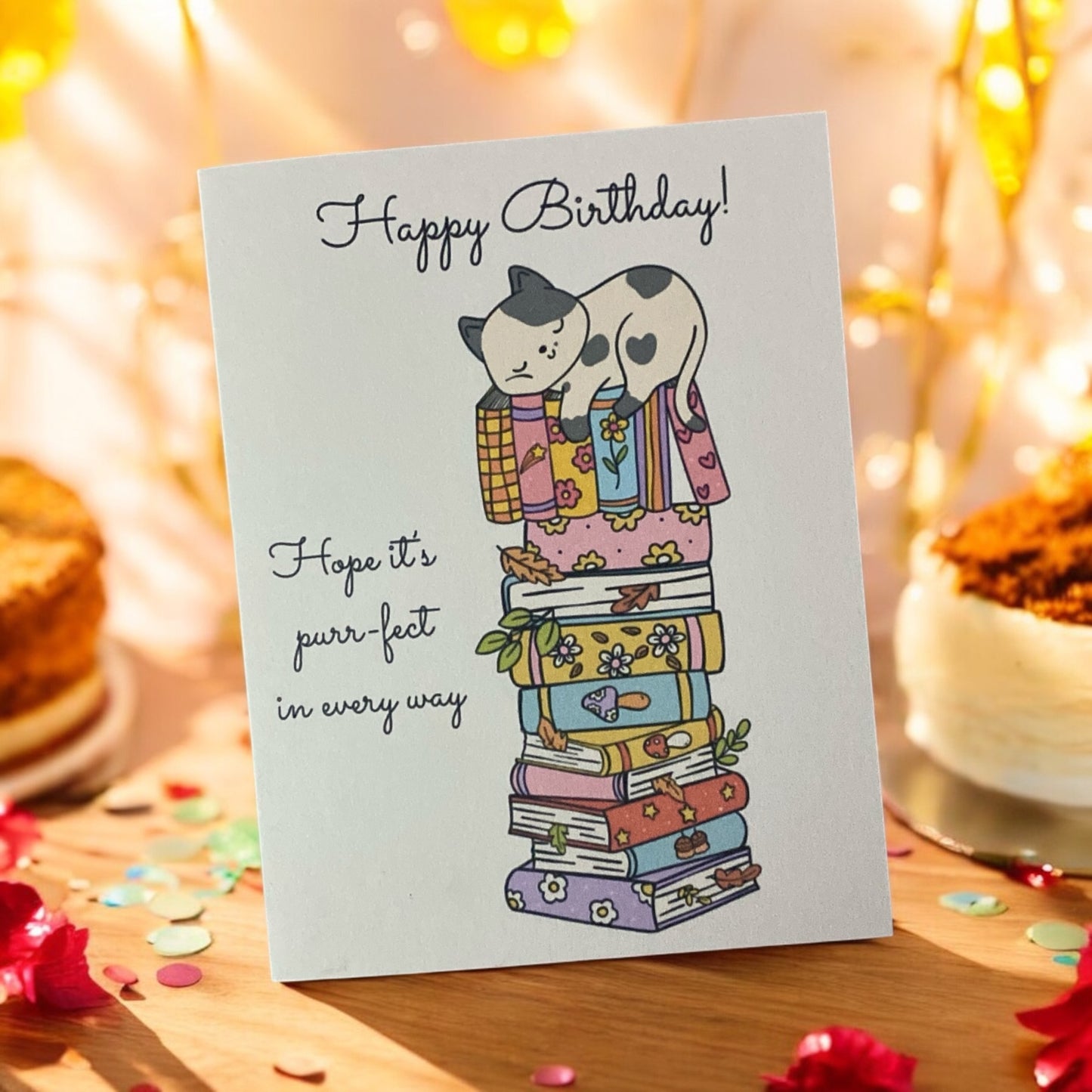 “Happy birthday” cat bookish card, flower card perfect for valentines, Romance card, card for him, card for her, boy friend card, girl friend card, floral cards, cards for book nerds