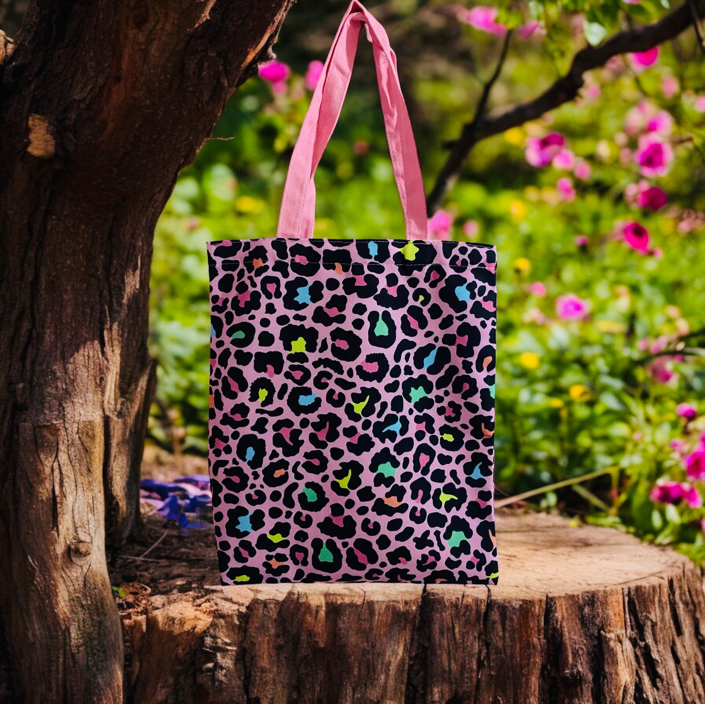 pink rainbow leopard print colourful tote, reusable bag, grocery bag, canvas bag, floral bag, tote bag, bookish bag,