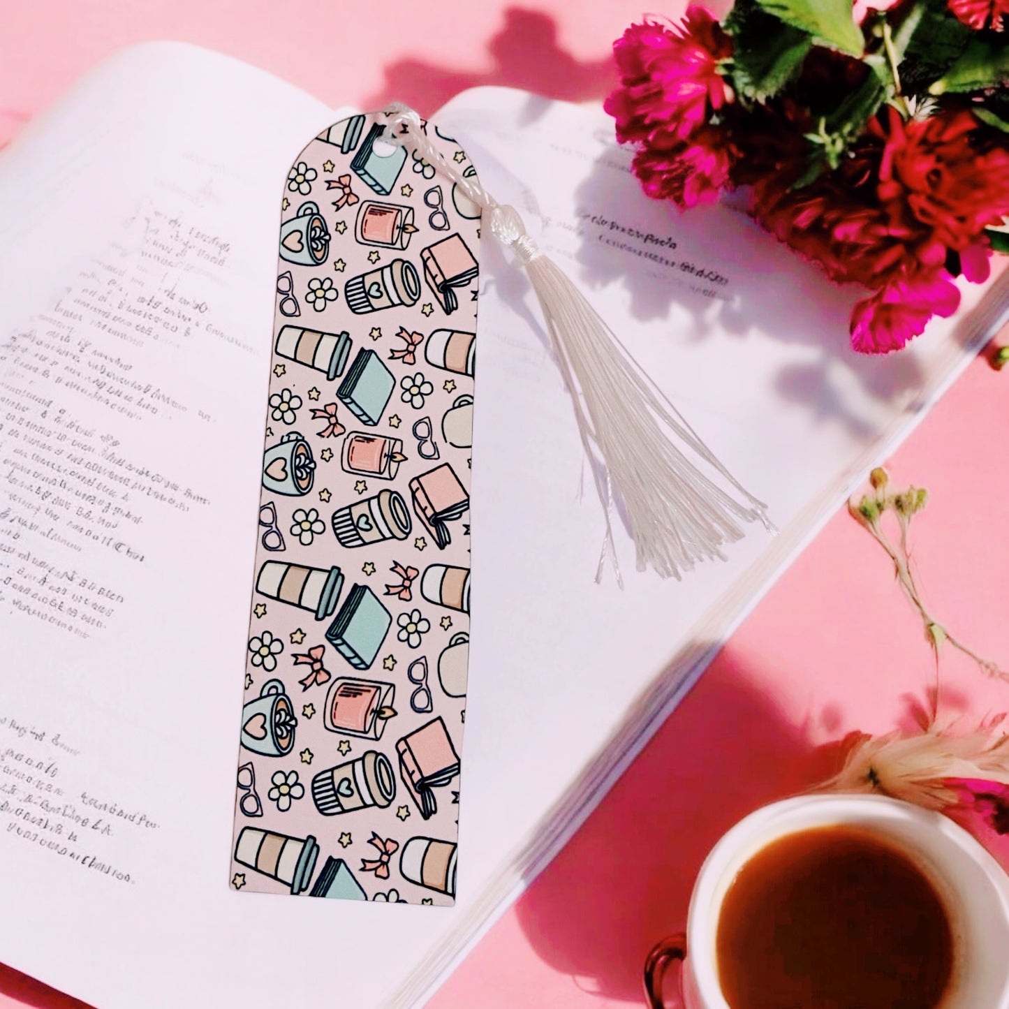 Cute bookish themed coffee latte tea inspired pink bookmark, flowers, romance lovers, Bookish Gift Ideas