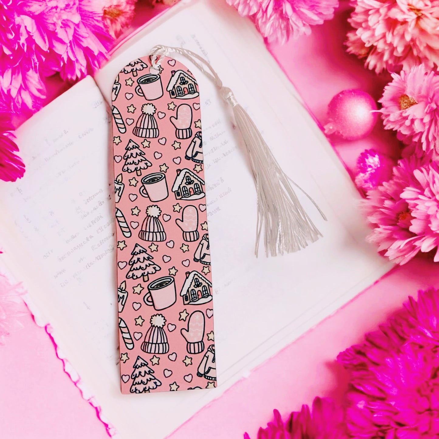 Cute cozy Christmas themed coffee inspired pink bookmark, flowers, romance lovers, Bookish Gift Ideas