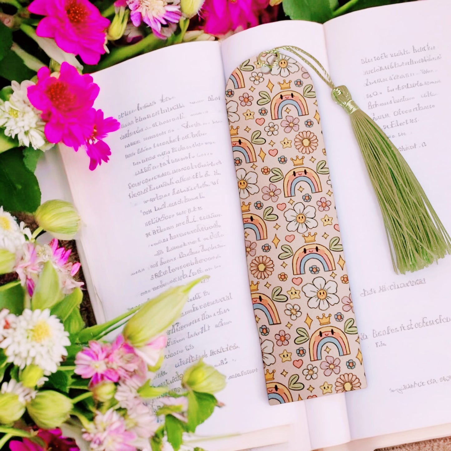 Cute retro rainbow themed bookmark, flowers, romance lovers, hearts,Bookish Gift Ideas