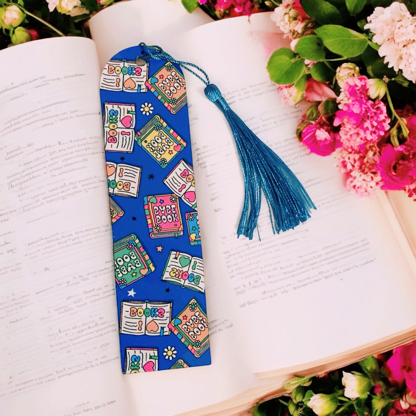 Cute bookish themed inspired blue colour bookmark, flowers, romance lovers, Bookish Gift Ideas, pink tassel, I love books, blue Tassel