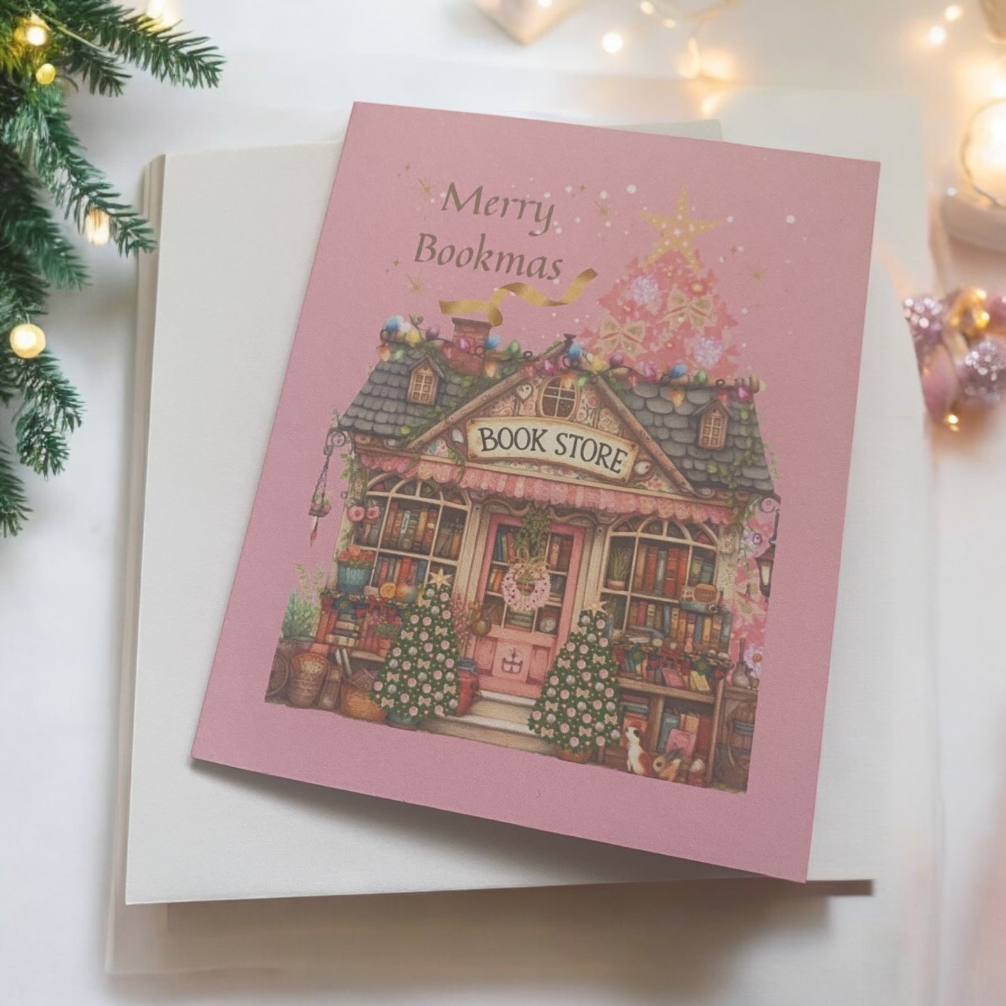 Merry Bookmas Greeting card, Bookish Greeting Card for Book Lovers, Christmas Bookshop