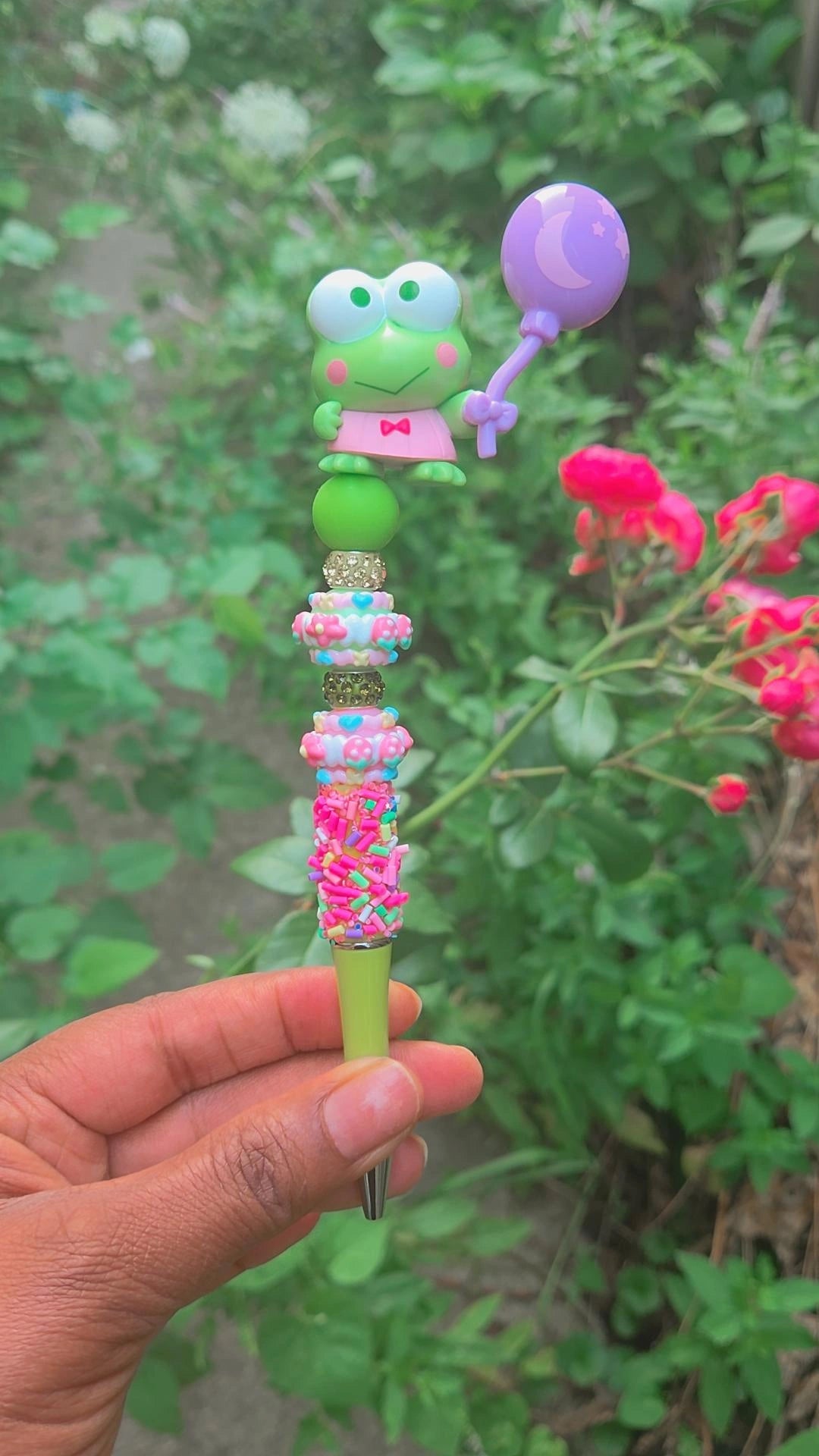 Keroppi, Hello Kitty & FriendsBeaded Pen, Floral, Jewelled, Frog, Green pink
