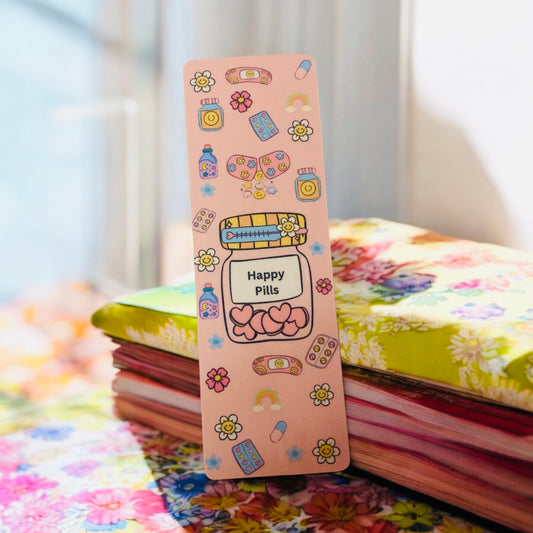 Happy Pills, Retro & psychedelic bookmark, peace, happy place, self care,