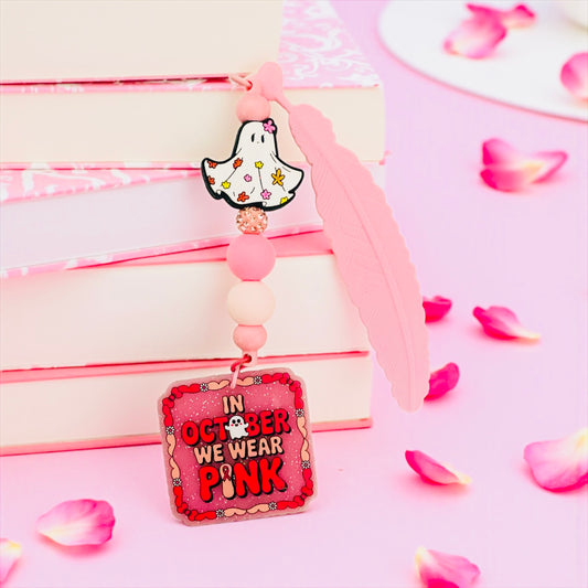 Cute Ghost Charm Bookmark, Beaded, pink Beaded, Book lover, Bookish merch, Floral Ghost, Breast Cancer Awareness, Pink October, Floral ghost, flower bookmark