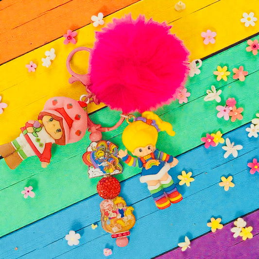 Strawberry Shortcake & Rainbow Brite Beaded charm key chain, purse tag & friends, Reading, junk journaling, keychain, bookmark, 80s, 90s, vintage era, nostalgia, Besties, best friend, blue
