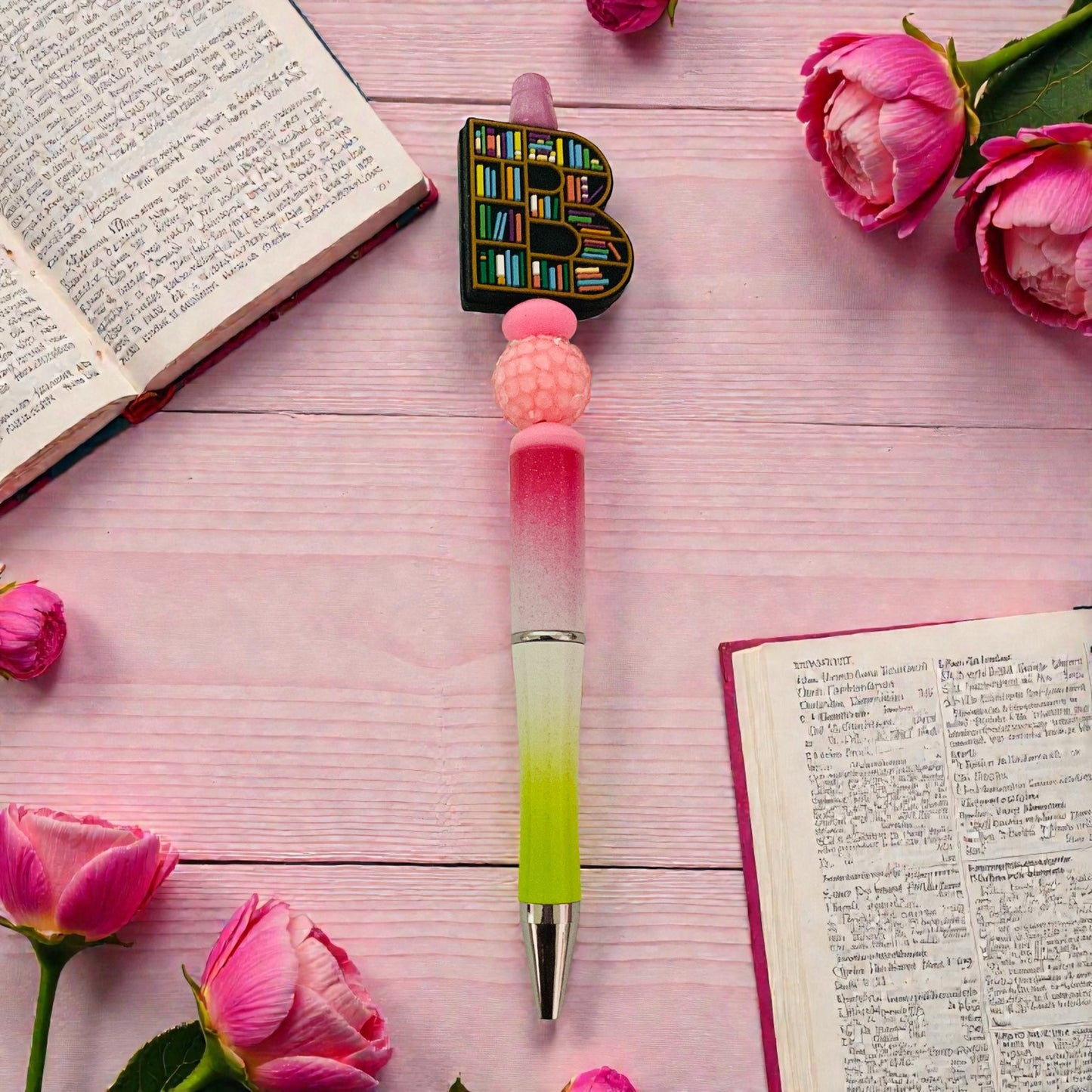Book shelves beaded Pen, sprinkle, beaded, bookish pen, bookish merch, book lover, pink yellow rainbow beaded pen