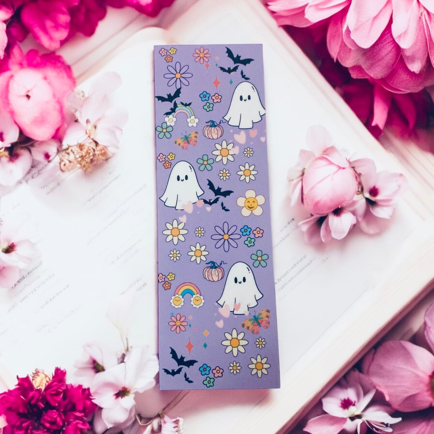 Cute purple ghost pink Halloween Bookmark, Boo, spooky bookmark, floral, flowers