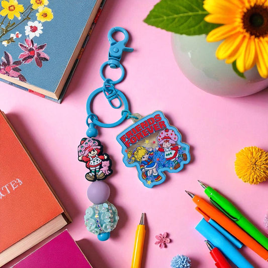 Strawberry Shortcake & Rainbow Brite Beaded charm key chain, purse tag & friends, Reading, junk journaling bookmark, 80s, 90s, vintage era, nostalgia, Besties, best friend, blue