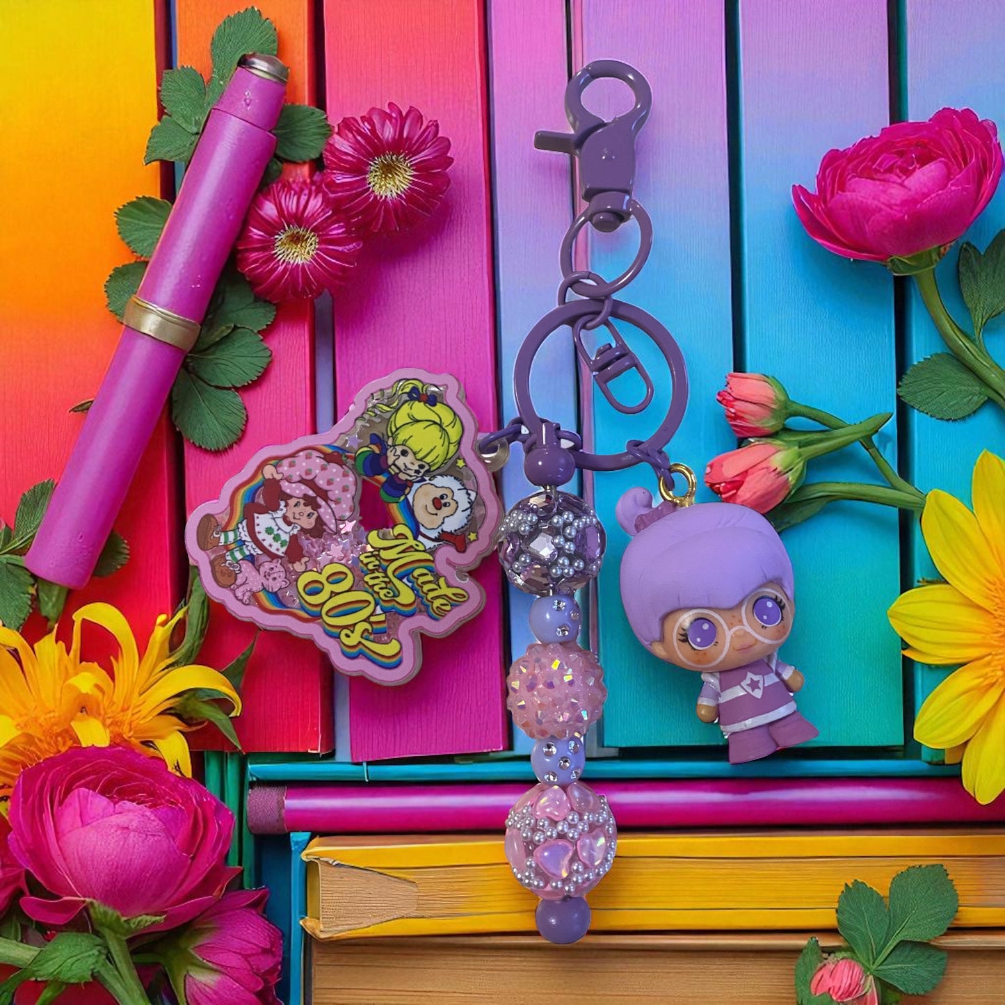 Rainbow Character & friends Beaded charm key chain, bag charm, friends, Reading, junk journaling, keychain, bookmark, 80s, 90s, vintage era, nostalgia, Besties, best friend, purple, doorables
