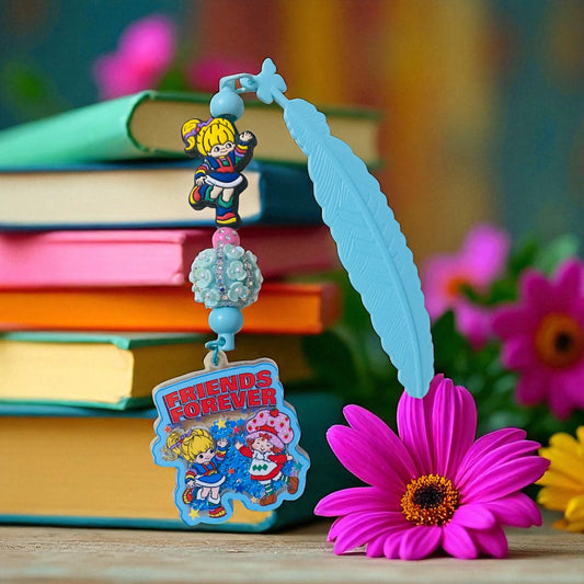 Strawberry Shortcake & Rainbow Brite Beaded charm Bookmark & friends, Reading, junk journaling bookmark, 80s, 90s, vintage era, nostalgia, Besties, best friend, blue