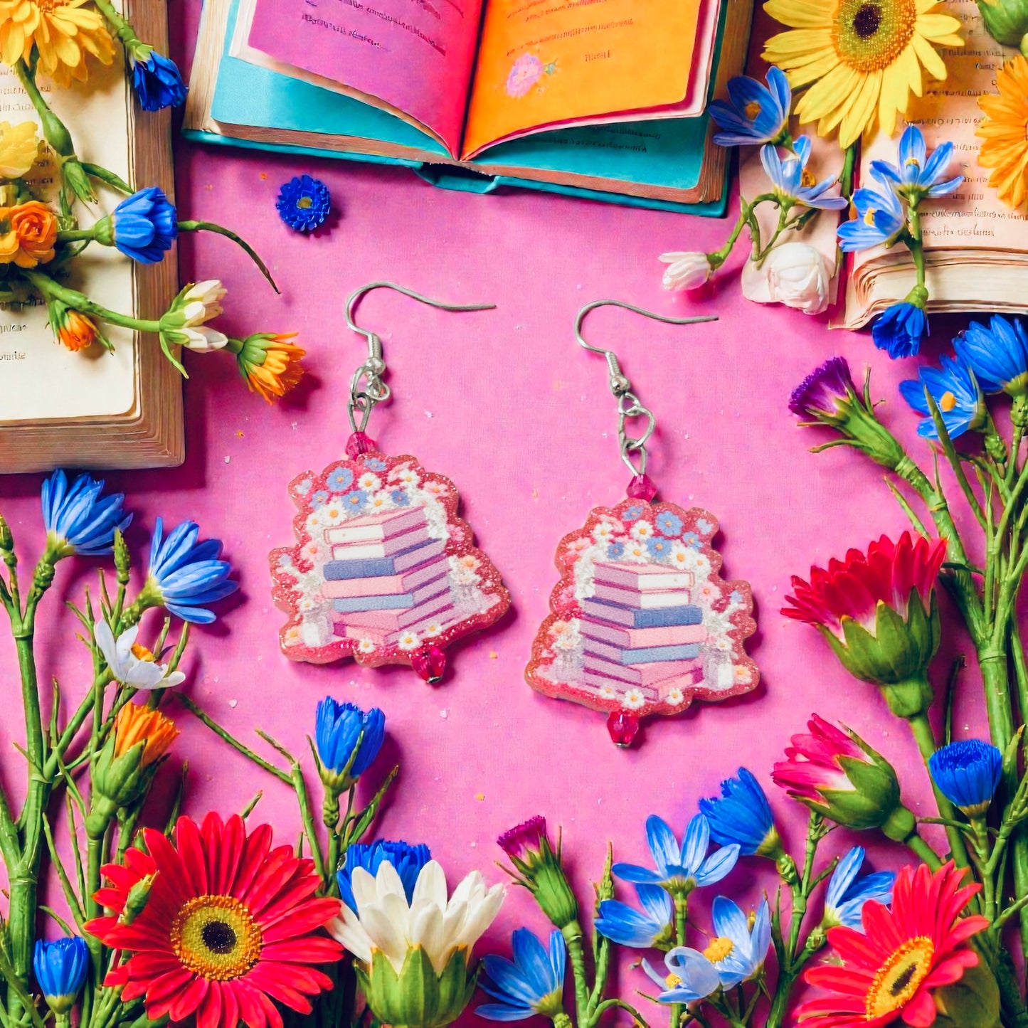 Bookish Floral Acrylic Earrings, Book lover earrings, Bookish Merch, Book lover gift for friend, Gift for bookworm, Reading jewellery, bookish earrings dangle