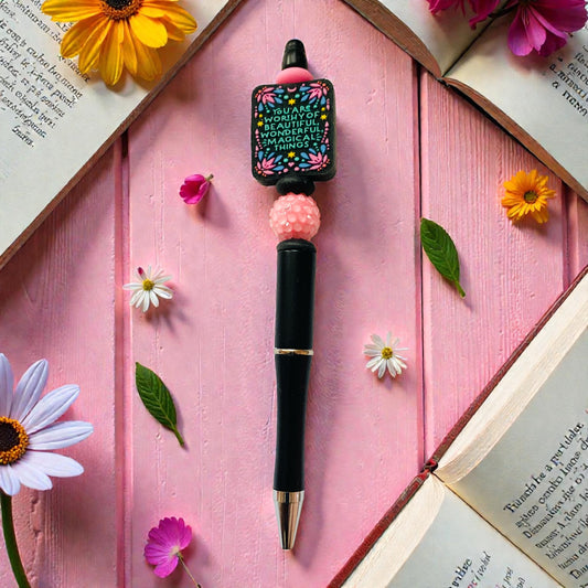 You are worthy of beautiful wonderful magical things”beaded Pen, self- love pen, affirmation quote pen, black, pink