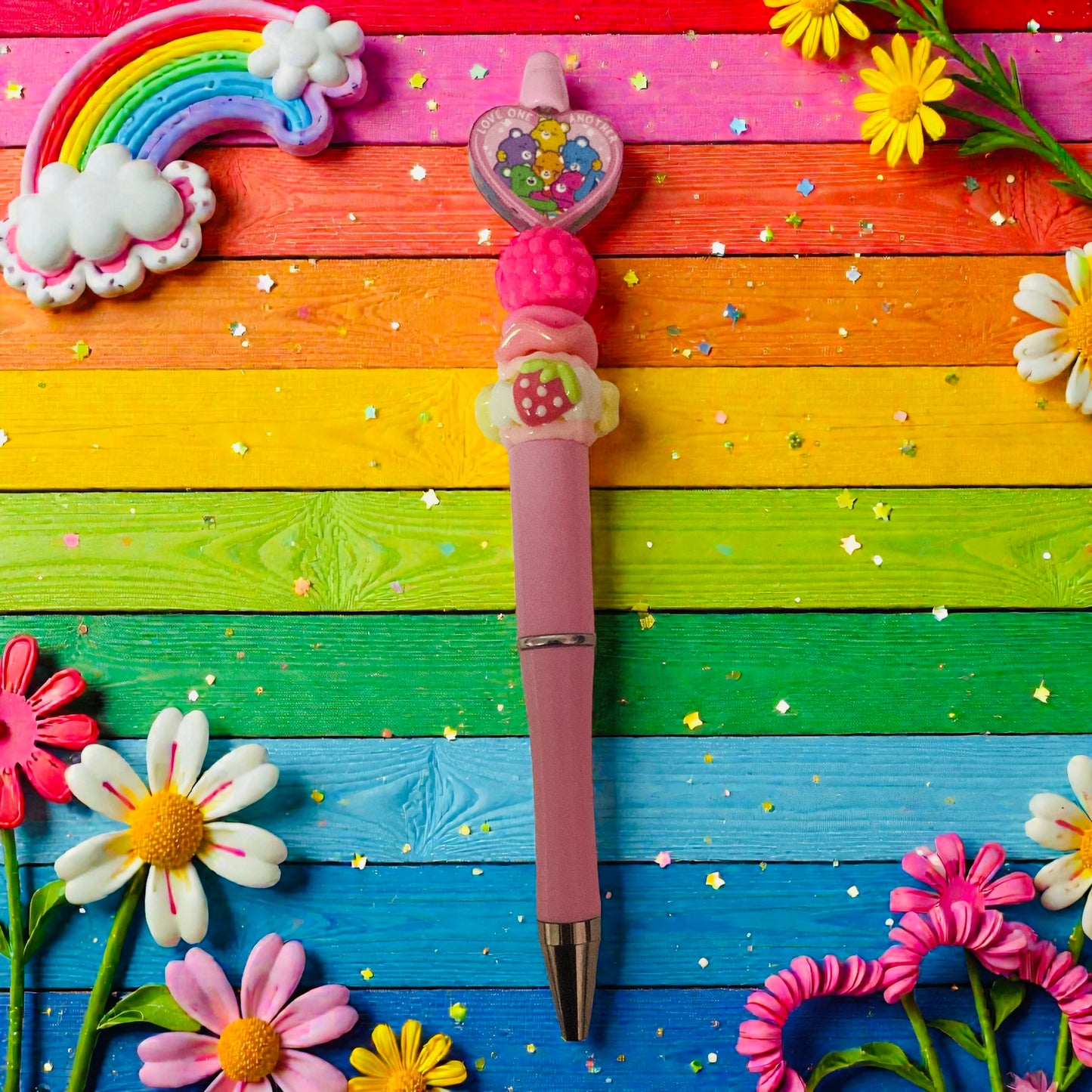 Care Bears Valentines Beaded Pen, bear beaded pen, heart pen, rainbow bear pen, care bear family, pink pen