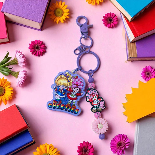 Strawberry Shortcake & Rainbow Brite Beaded charm key chain, bag charm, friends, Reading, junk journaling bookmark, 80s, 90s, vintage era, nostalgia, Besties, best friend, purple