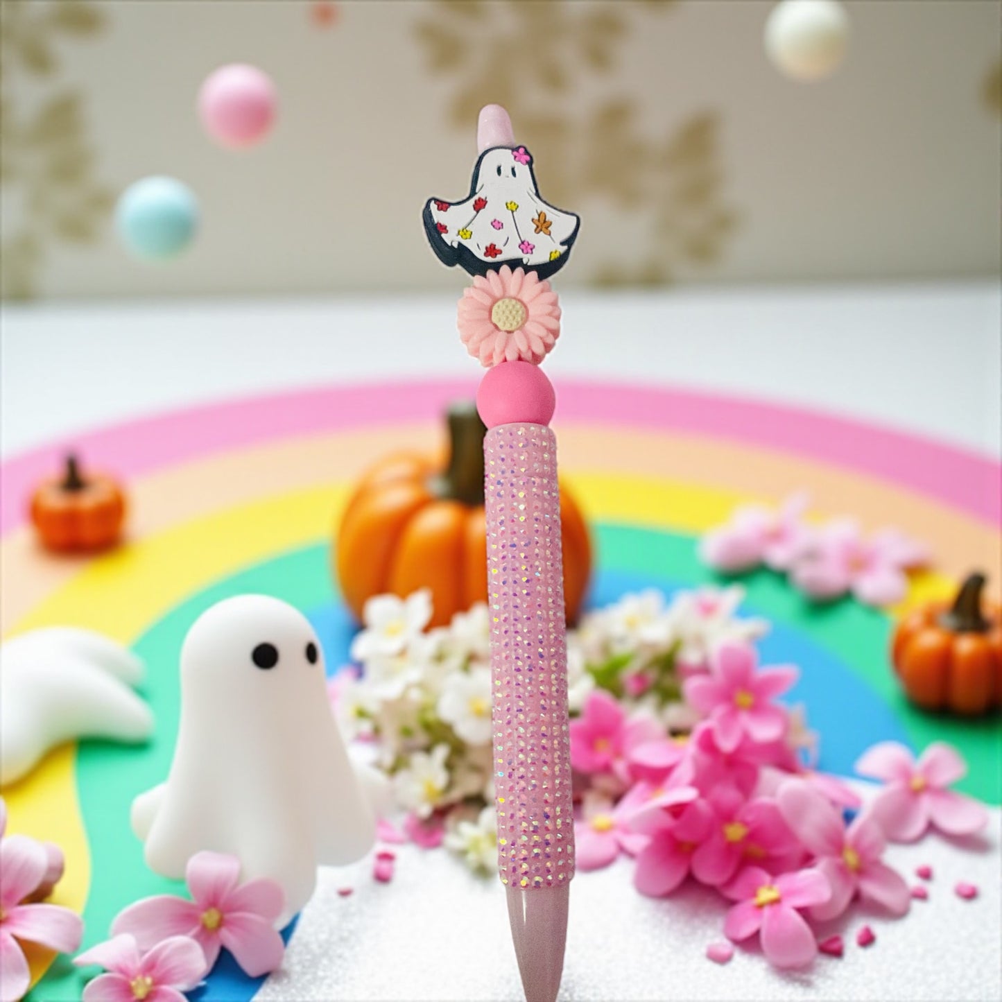 Floral ghost beaded pen, cute, floral, Halloween, spooky, pink beaded pen