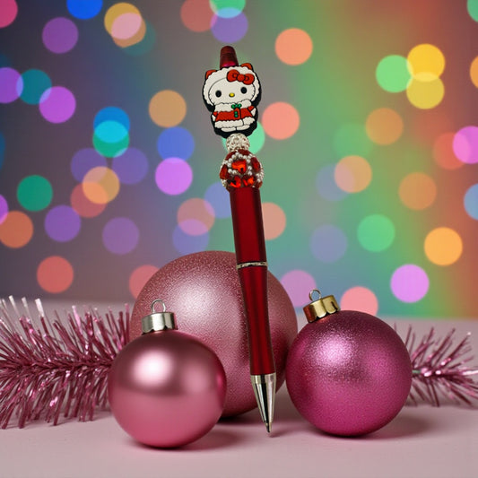 HK beaded Pen, Christmas beaded pen, red pen, Cat Beaded Pen