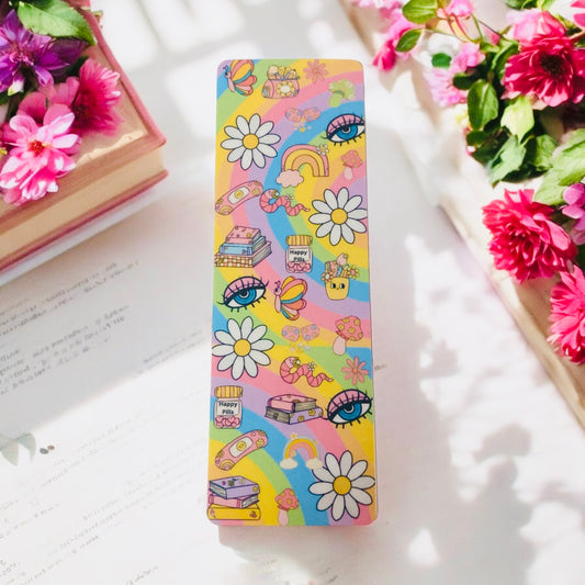 Rainbow Retro & psychedelic bookmark, peace, mushrooms, 80s era, 99s era, butterflies, bookish