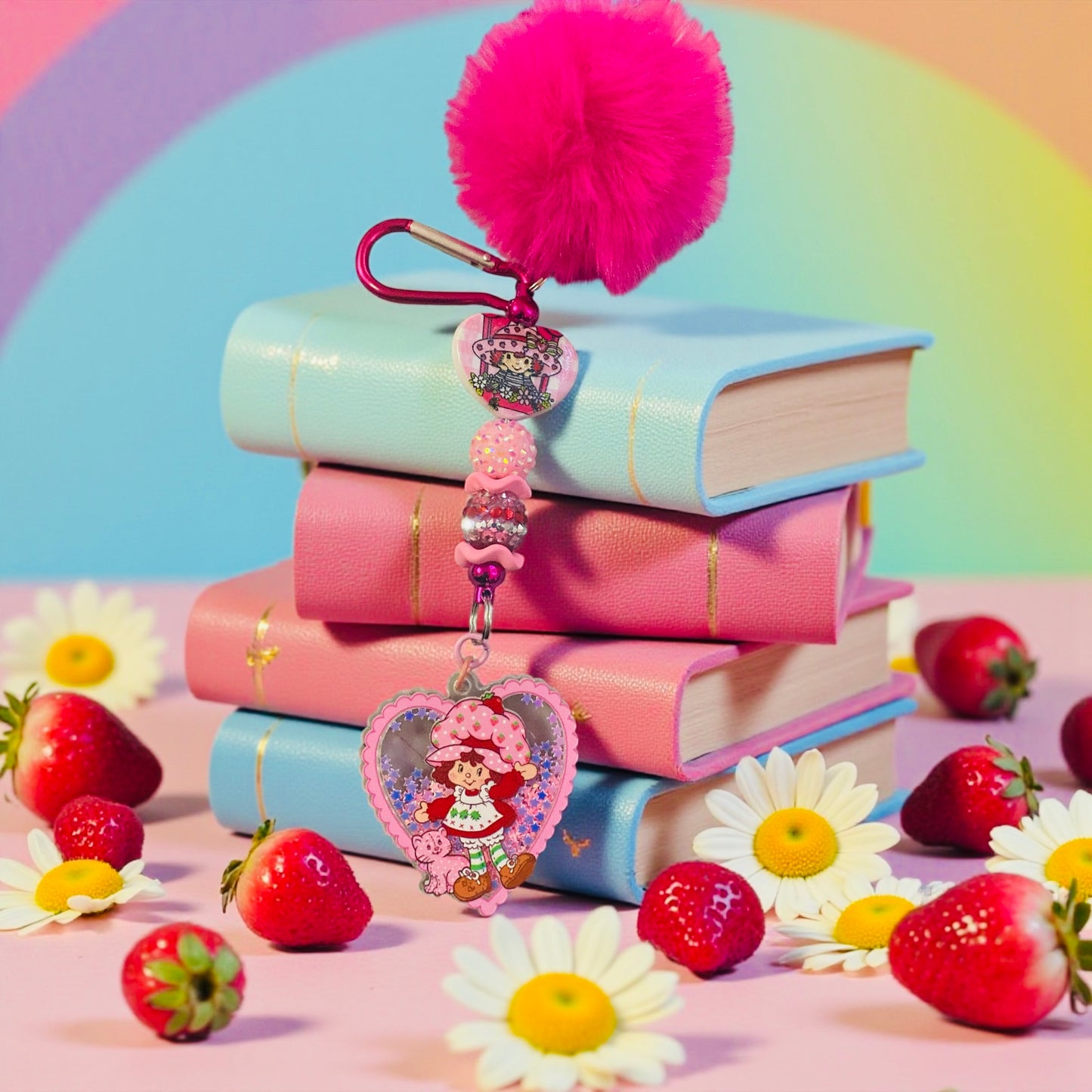 Strawberry & friends, character,Beaded charm key chain, bag charm, friends, Reading, junk journaling, keychain, bookmark, 80s, 90s, vintage era, nostalgia, Besties, best friend, pink