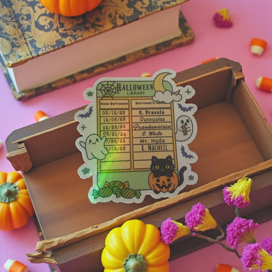 Halloween trope Library  card,  spooky book, sticker, Bookworm,Bookish Birthday gift, bookish sticker, ghost sticker