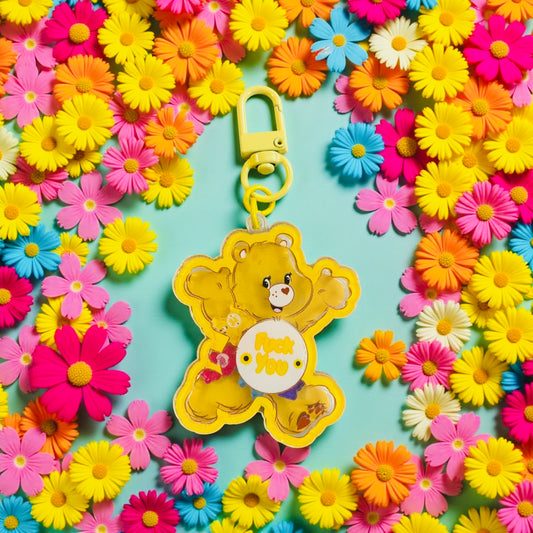 F*uck You Yellow Bear Care character, Shaker charm key chain, bag charm, friends, Reading, junk journaling, keychain, bookmark, 80s, 90s, vintage era, nostalgia, Besties, best friend, Swear word