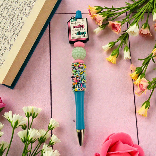 Addicted to reading, no mood for sleep, Bookish beaded Pen, sprinkle, beaded, bookish pen, bookish merch, book lover, blue
