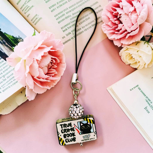 True Crime Book Club phone charm, Library card phone charm, cat phone charm, Bookish charm, Crime drama trope