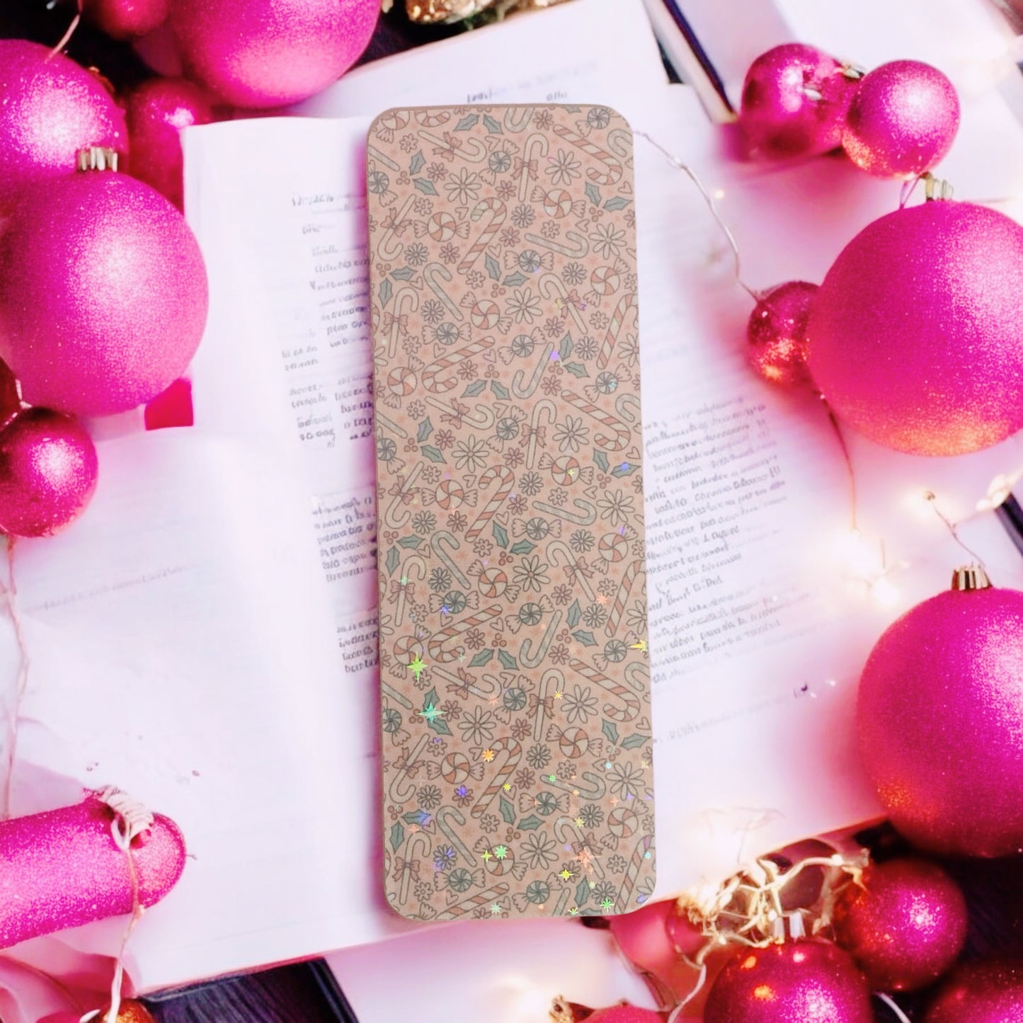 Holographic cute candy cane wonderland, Christmas bookmark, mystletoe, mint candy