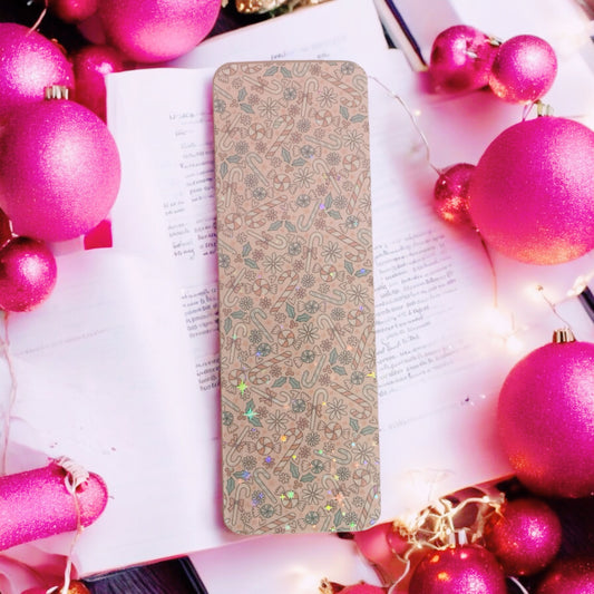 Holographic cute candy cane wonderland, Christmas bookmark, mystletoe, mint candy