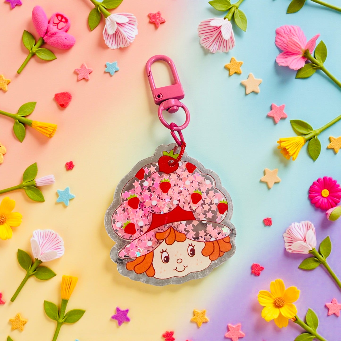 Strawberry character, Shaker charm key chain, bag charm, friends, Reading, junk journaling, keychain, bookmark, 80s, 90s, vintage era, nostalgia, Besties, best friend, pink