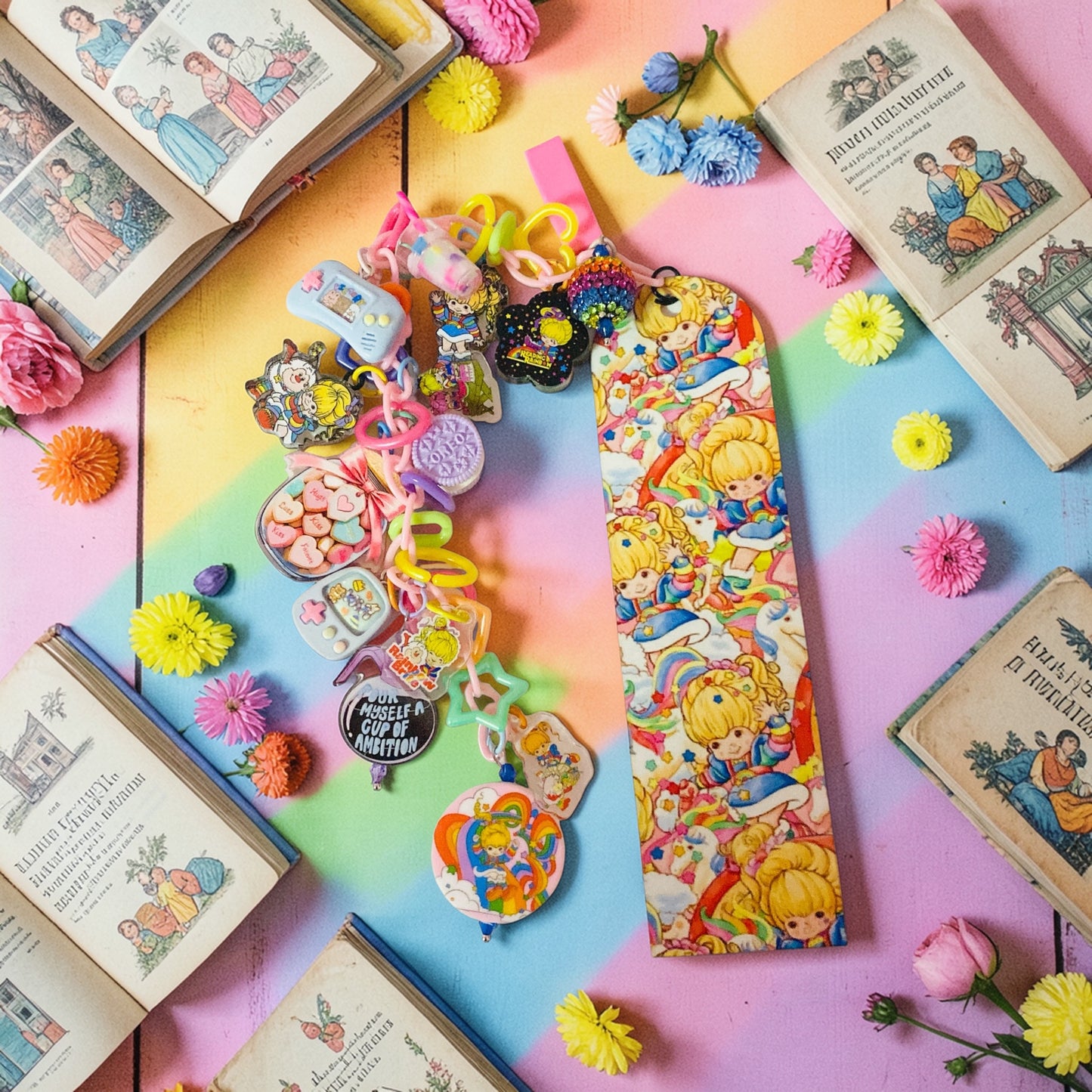 Rainbow Brite Beaded charm Bookmark, Trinket Bookmark, Junk Journaling bookmark