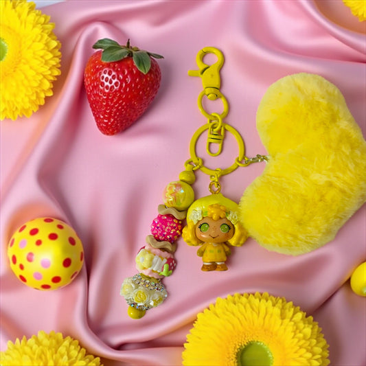 Strawberry & Friends, Beaded charm key chain, bag charm, keychain, friends, Reading, junk journaling bookmark, 80s, 90s, vintage era, nostalgia, Besties, best friend, yellow, cartoon